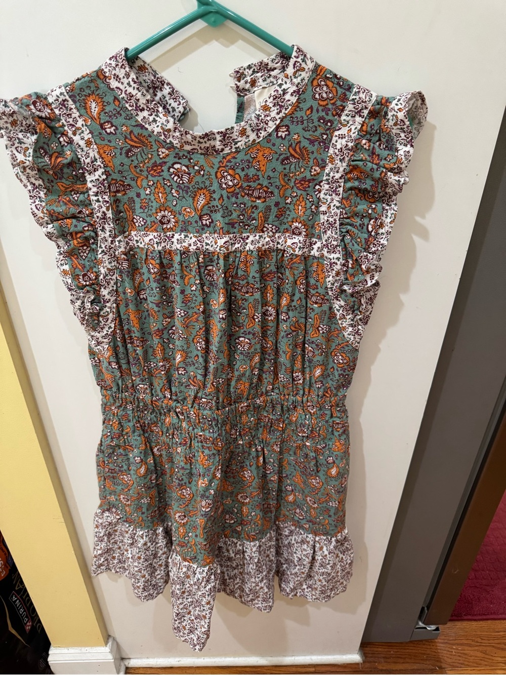 Universal Thread Green Floral Ruffle Sleeve Tunic with Orange Accents